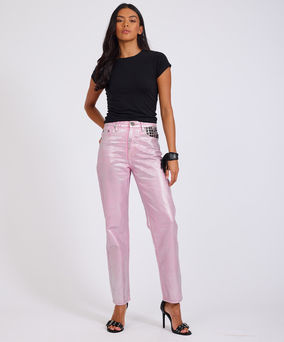 Awesome Baggies Jeans Awesome Baggies High Waist Straight Leg Denim Jeans- Pink Envy Foil