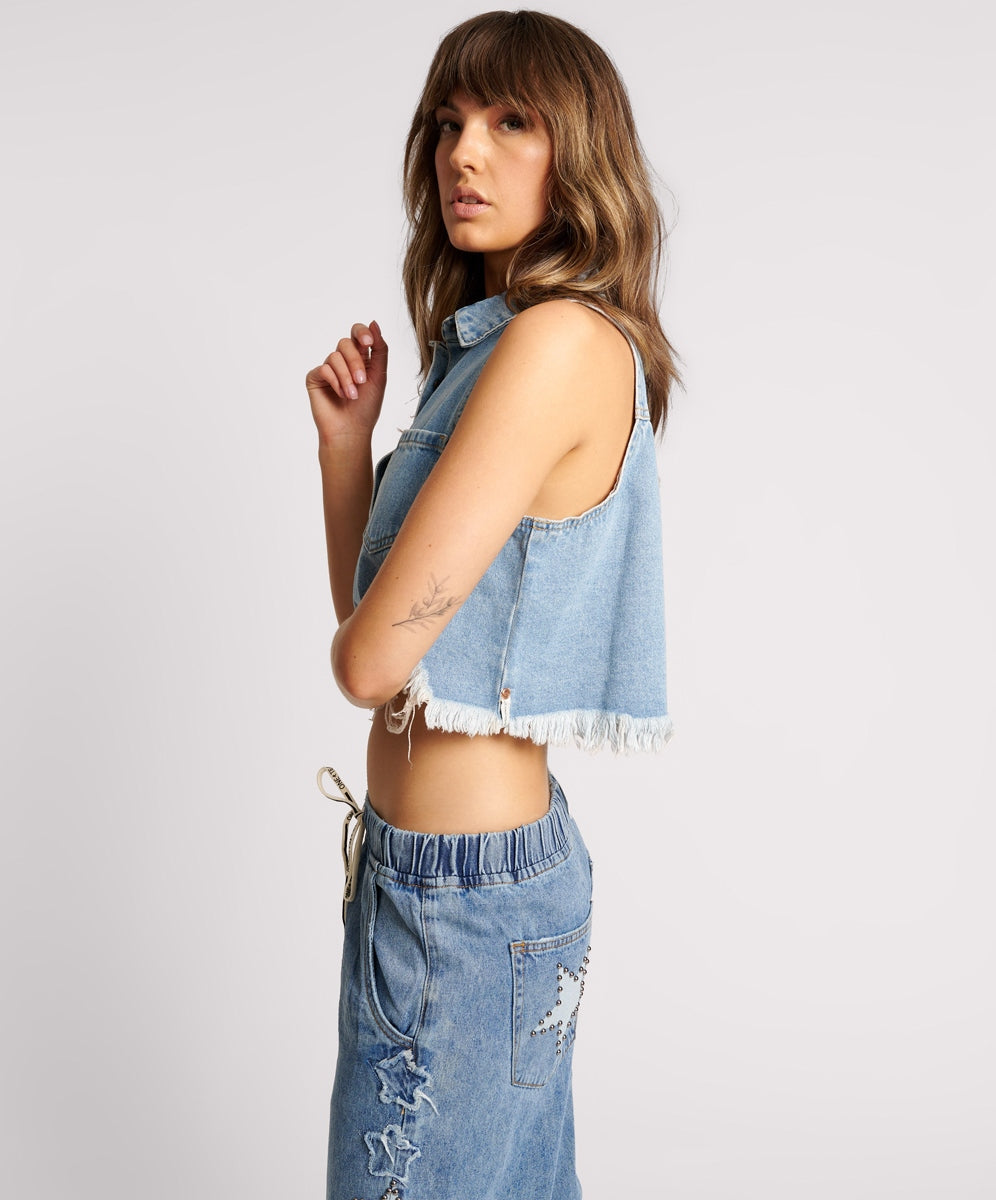 Last Stock Braxton Cropped Denim Top - Bolt Blue