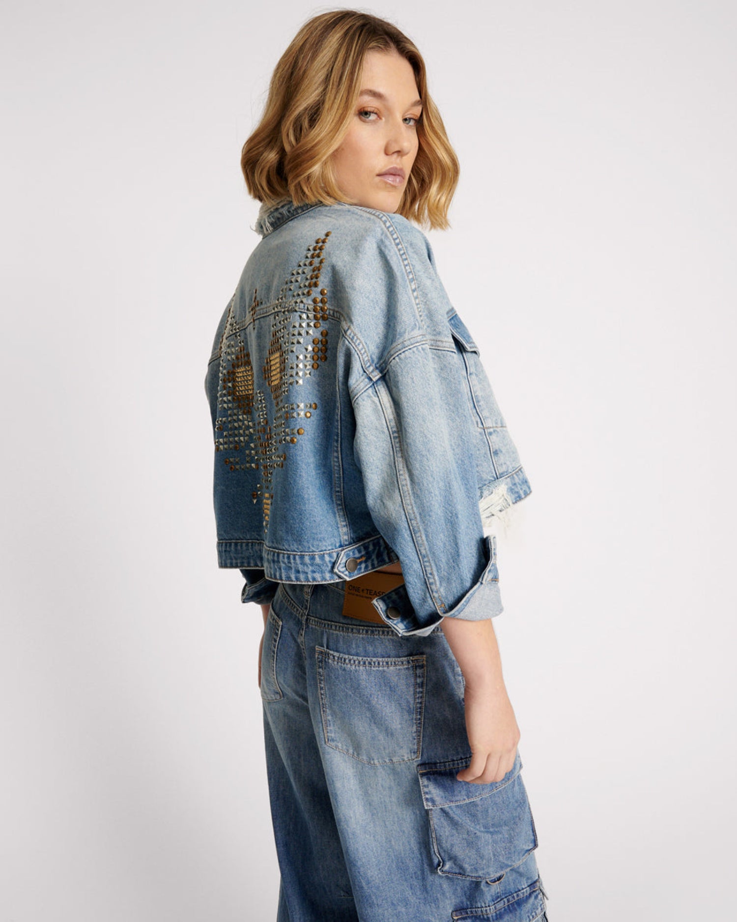 Full Price Studded Cropped Denim Jacket - Faded Blue