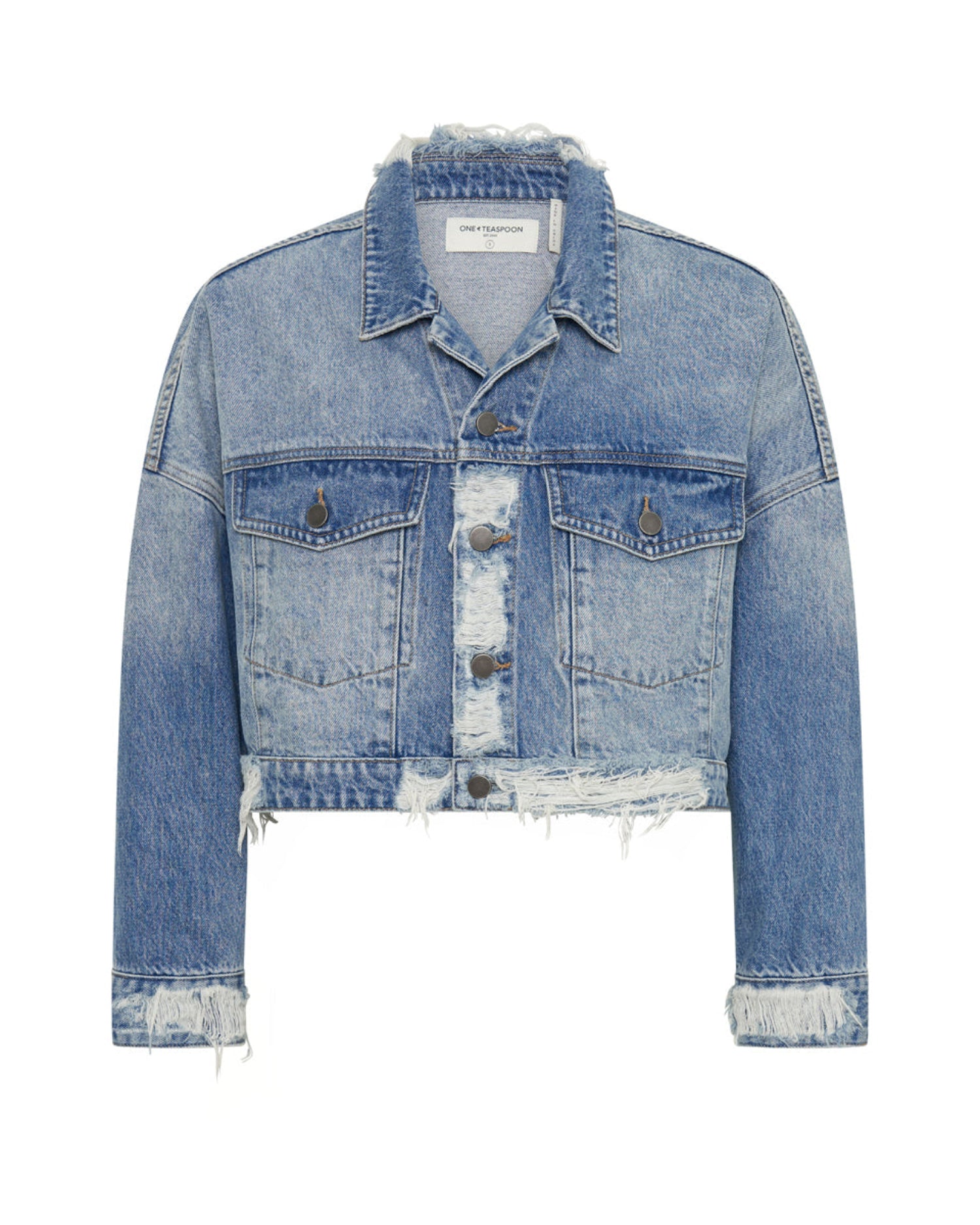 Full Price Studded Cropped Denim Jacket - Faded Blue