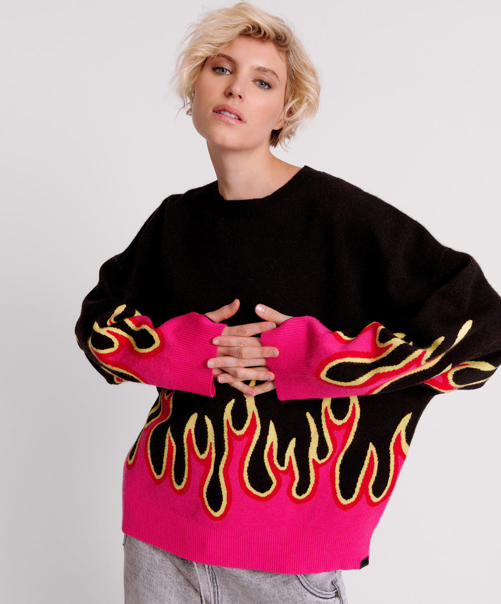 Last Stock On Fire Intarsia Sweater - Black
