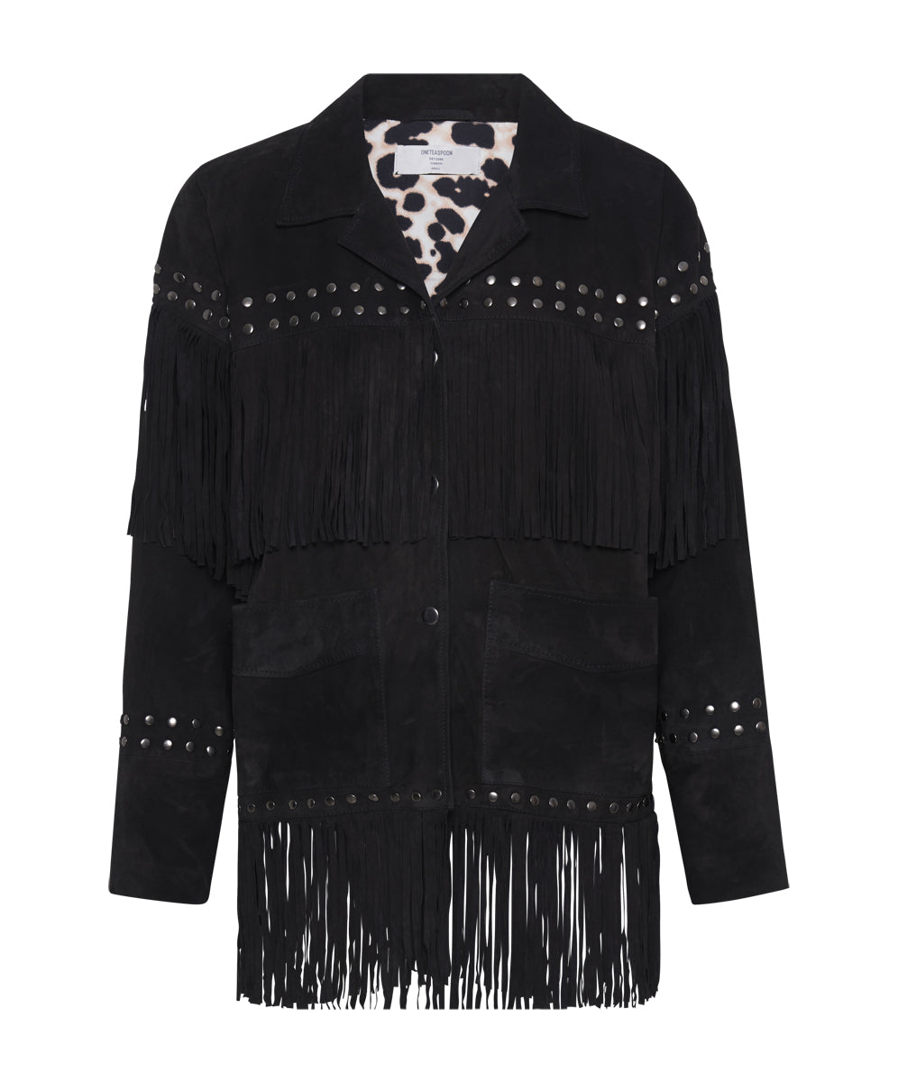 Last Stock Gothic Rodeo Fringed Suede Leather Studded Jacket - Black