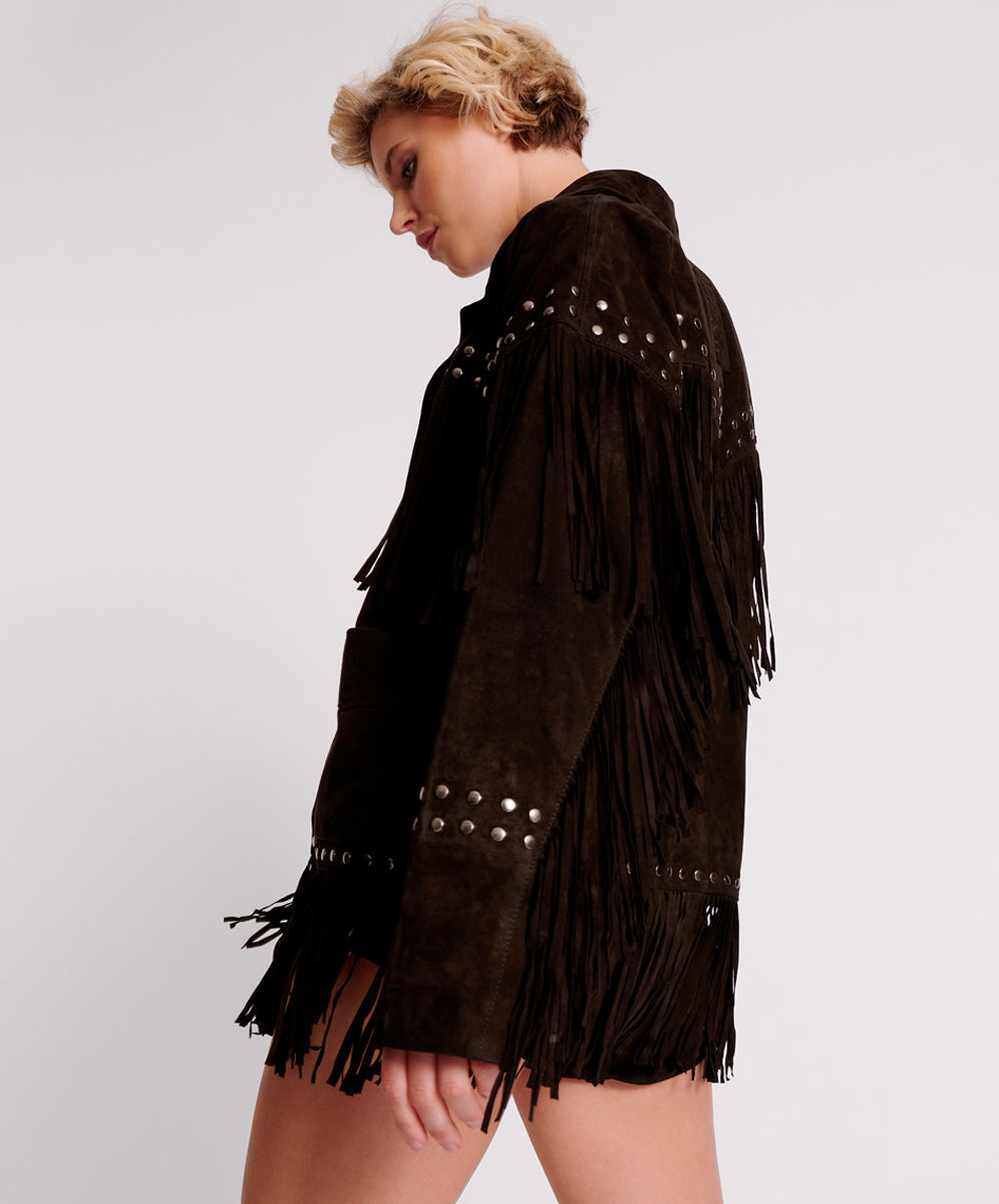 Last Stock Gothic Rodeo Fringed Suede Leather Studded Jacket - Black