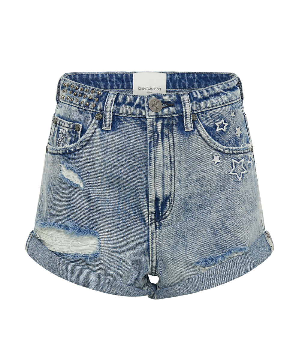 High Waist Denim Shorts Bandits High Waist Studded Denim Shorts - Salty Dog Blue