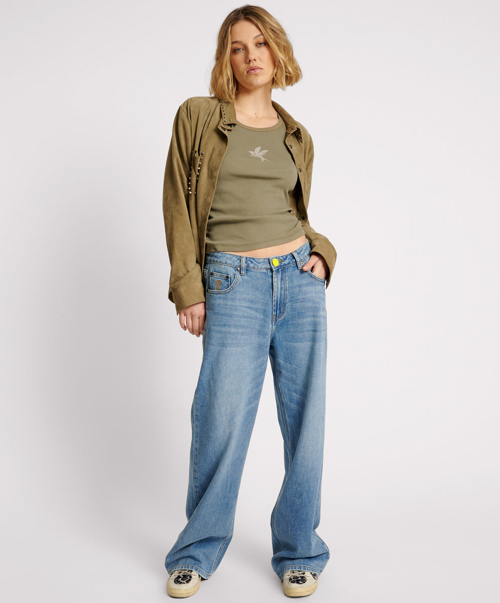 Dirty Blue Denim Jackson Mid Waist Wide Leg Denim Jeans - Blue Rapture