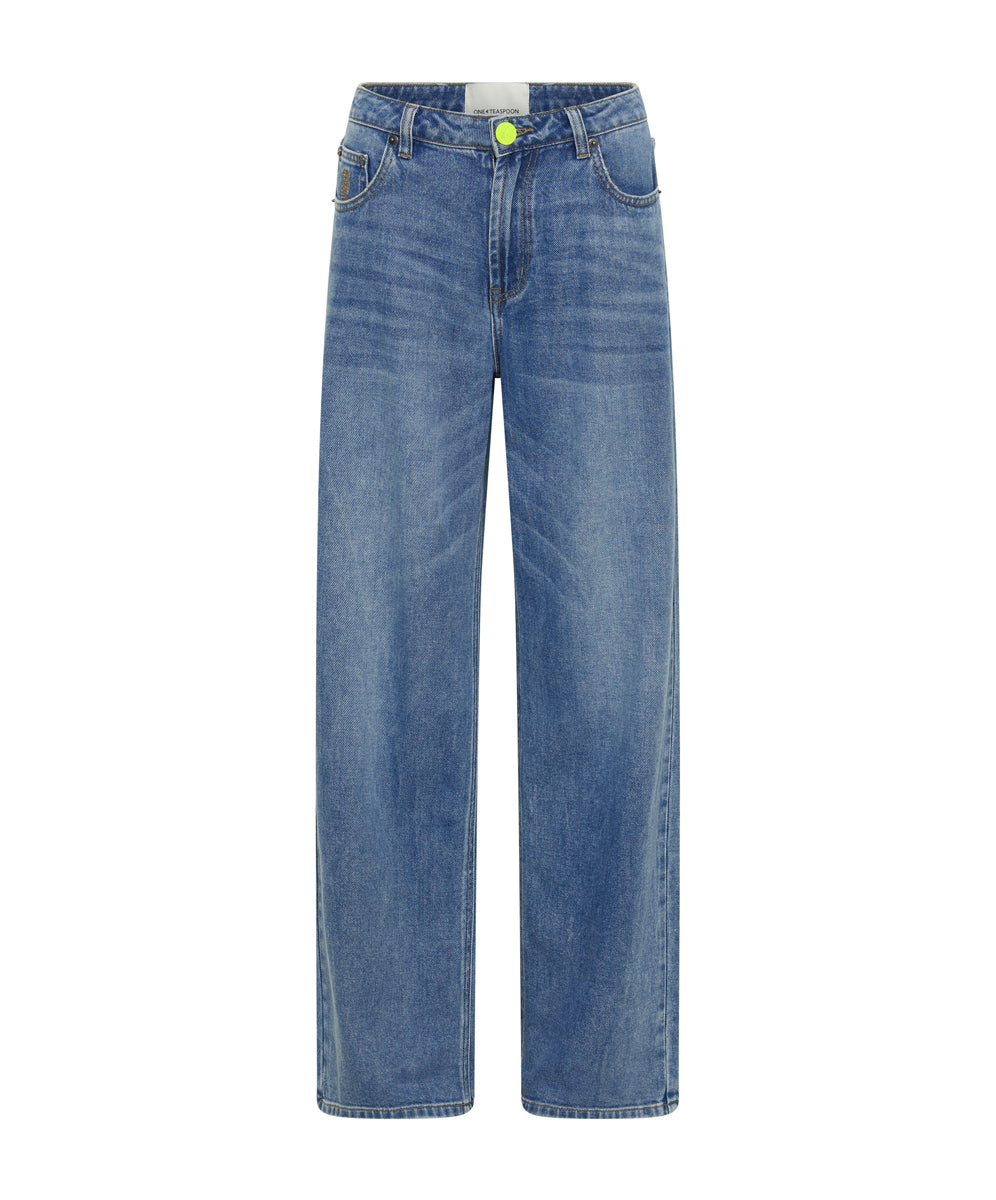 Dirty Blue Denim Jackson Mid Waist Wide Leg Denim Jeans - Blue Rapture
