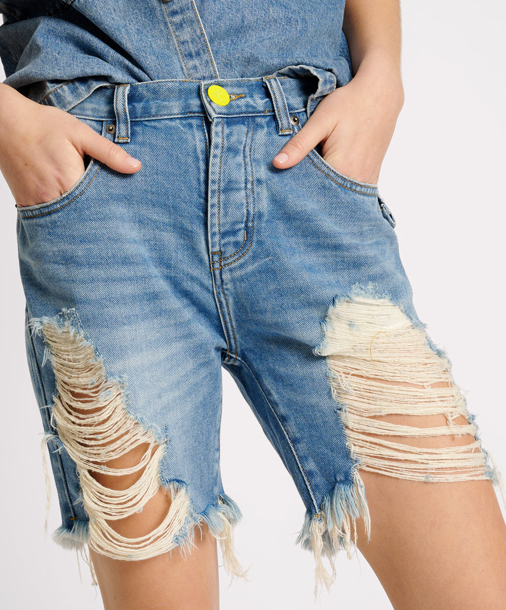 Last Stock Stevies High Waist Long Length Boyfriend Denim Shorts - Blue Rapture