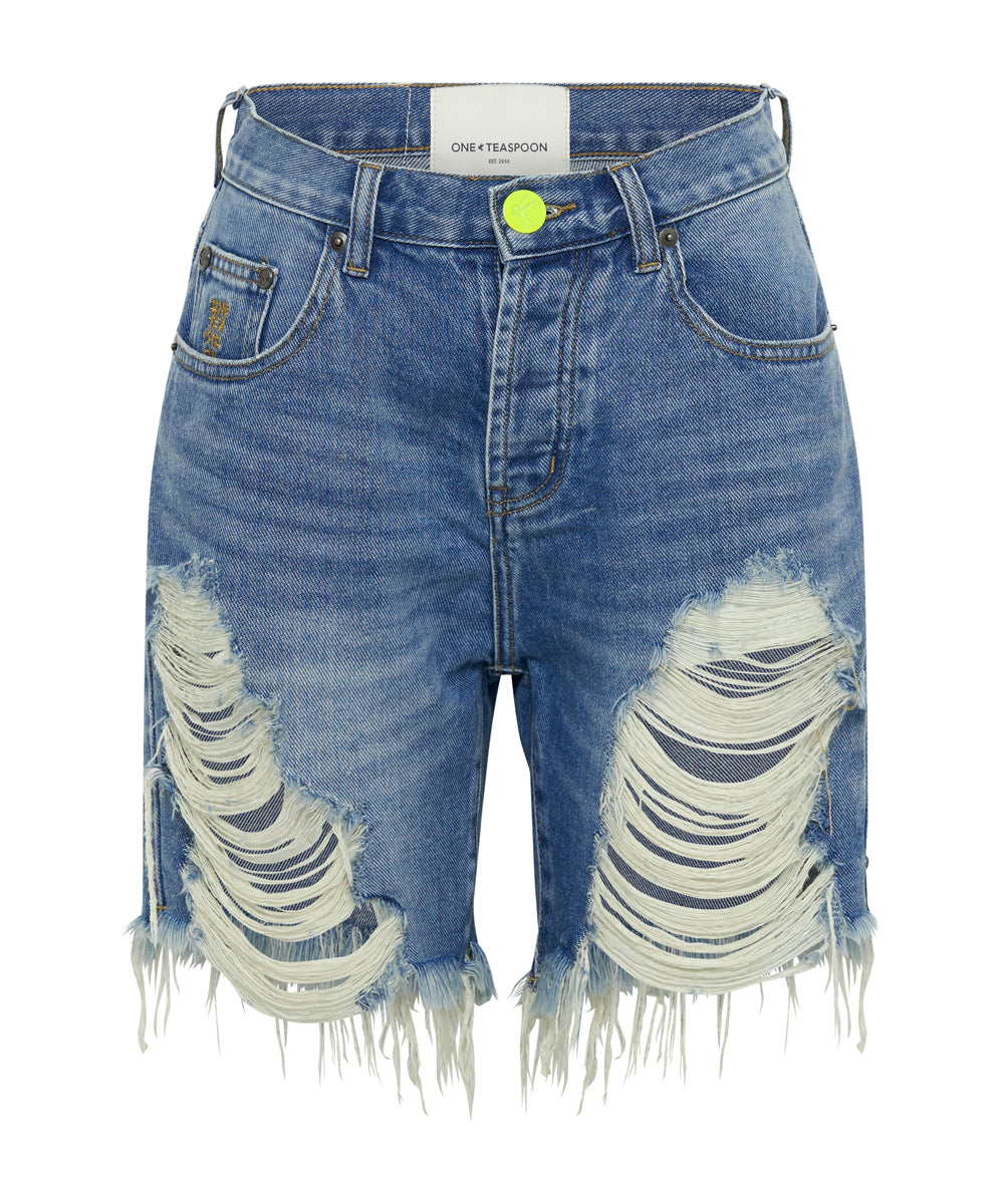 Last Stock Stevies High Waist Long Length Boyfriend Denim Shorts - Blue Rapture