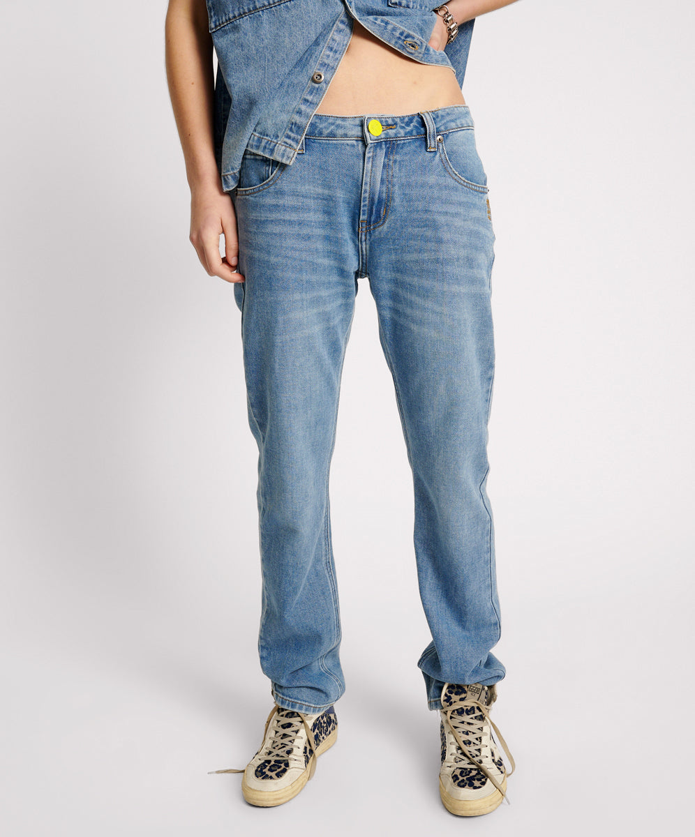 Dirty Blue Denim Truckers Mid Waist Straight Leg Denim Jeans - Blue Rapture