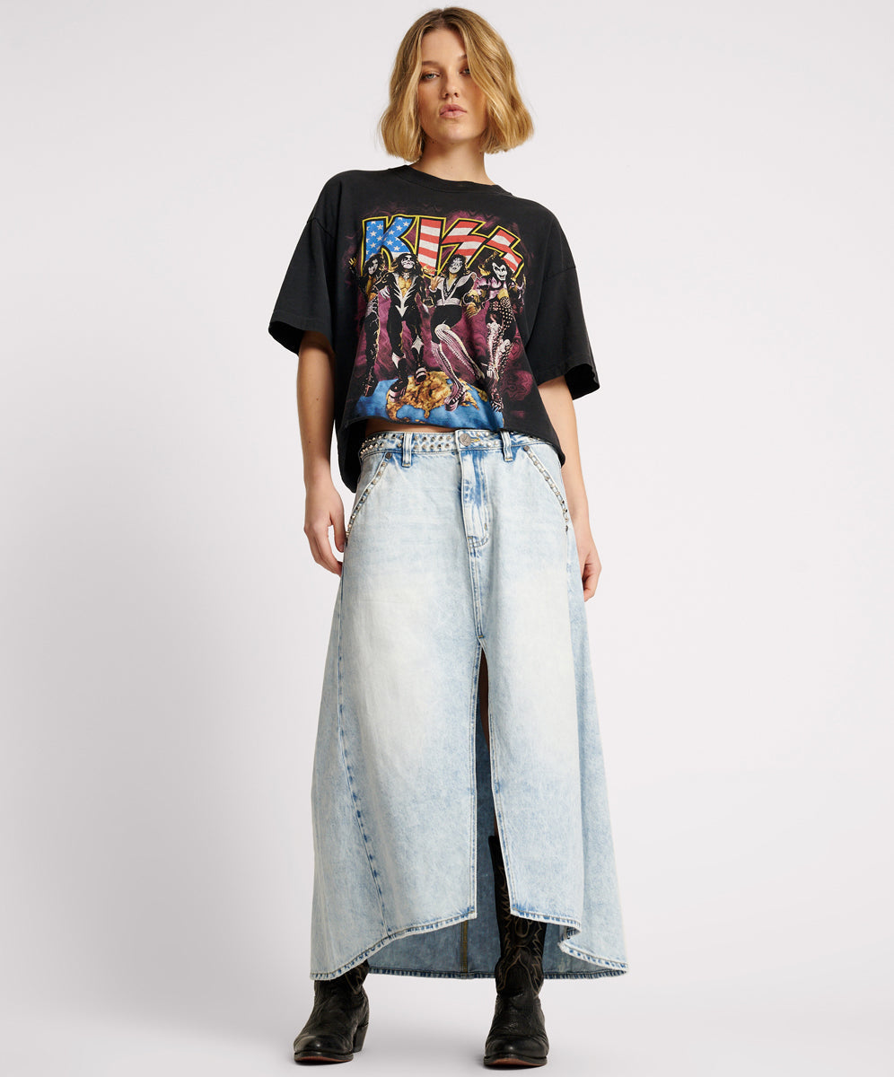 Last Stock Mrs Carter Low Waist Long Denim Skirt - Depeche Blue
