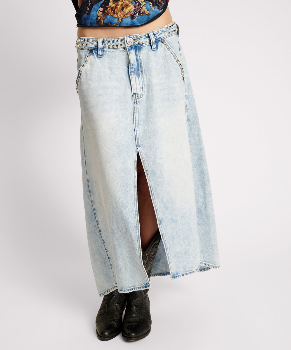 Last Stock Mrs Carter Low Waist Long Denim Skirt - Depeche Blue
