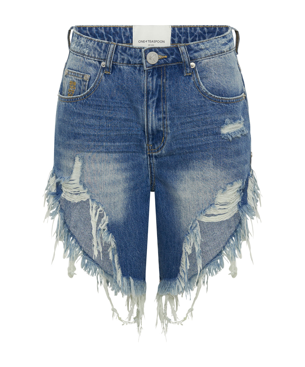 Dirty Blue Denim Frankies Low Waist Long Length Denim Shorts - Pacifica