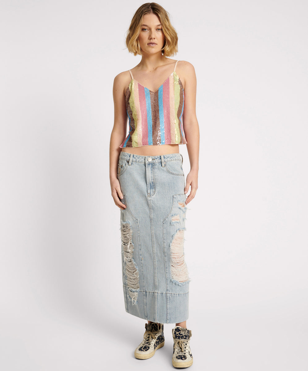 Last Stock Cassidy Mid Waist Long Denim Column Denim Skirt - Fleetwood