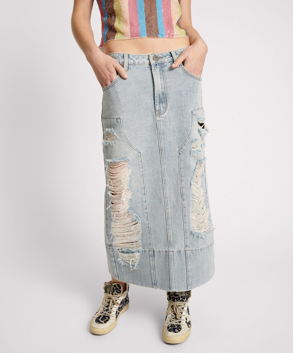 Last Stock Cassidy Mid Waist Long Denim Column Denim Skirt - Fleetwood
