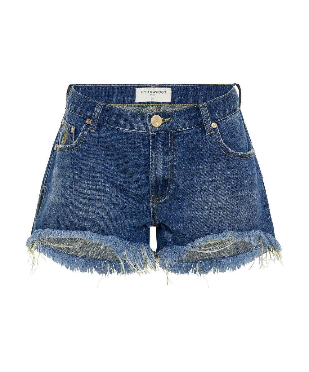Dirty Blue Denim Marlons Low Waist Boyfriend Denim Shorts - Shredded Gold