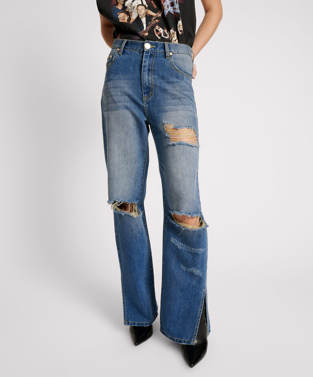 Dirty Blue Denim Billie Low Slung Straight Leg Mid Waist Denim Jeans - Shredded Gold