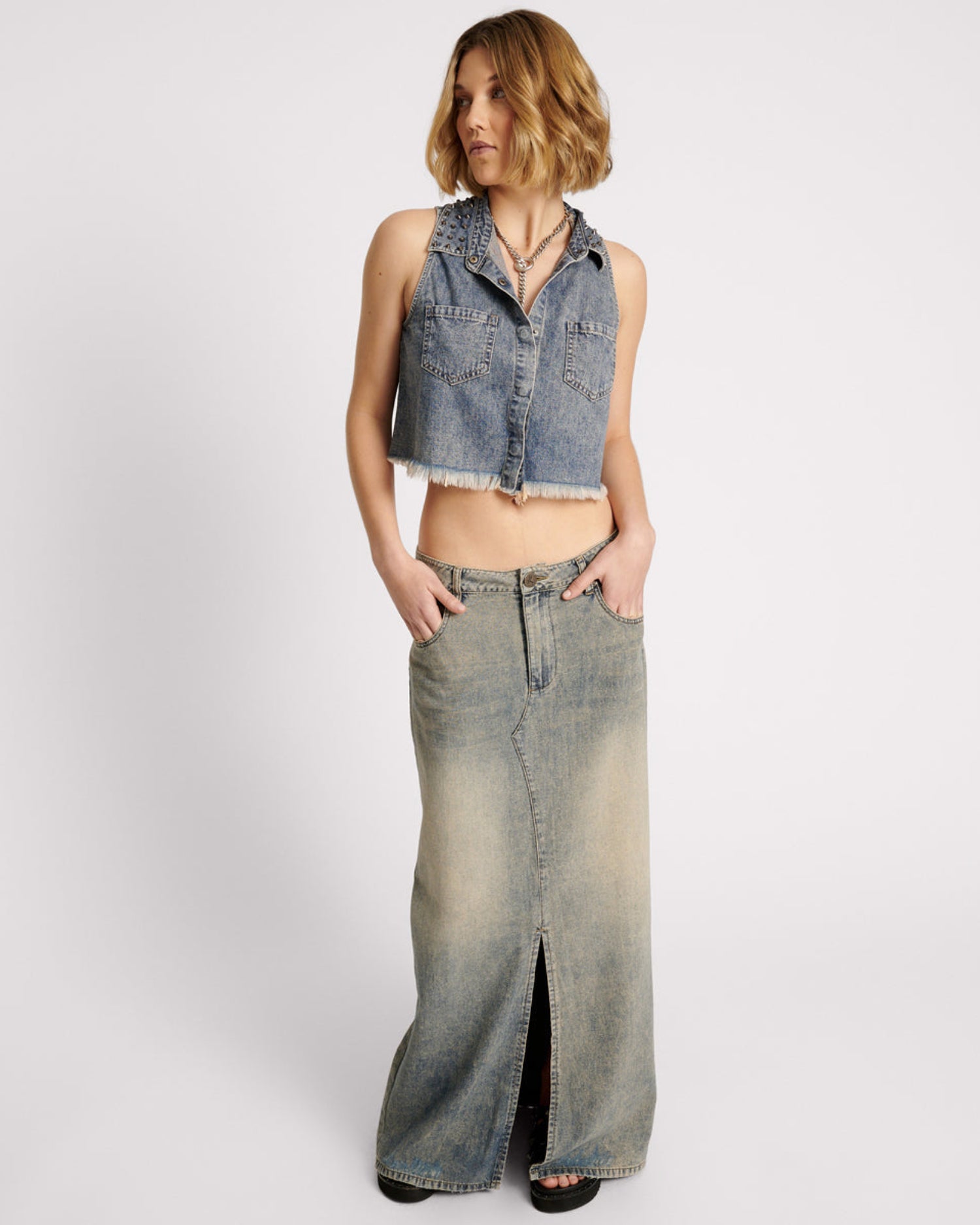 Women's Grunge Clothing Braxton Studded Denim Top - Dirty Blue