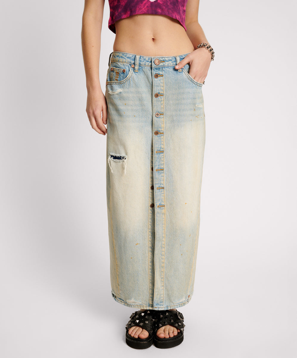 Last Stock Patsy Low Waist Longline Maxi Denim Skirt - Dirty Kansas