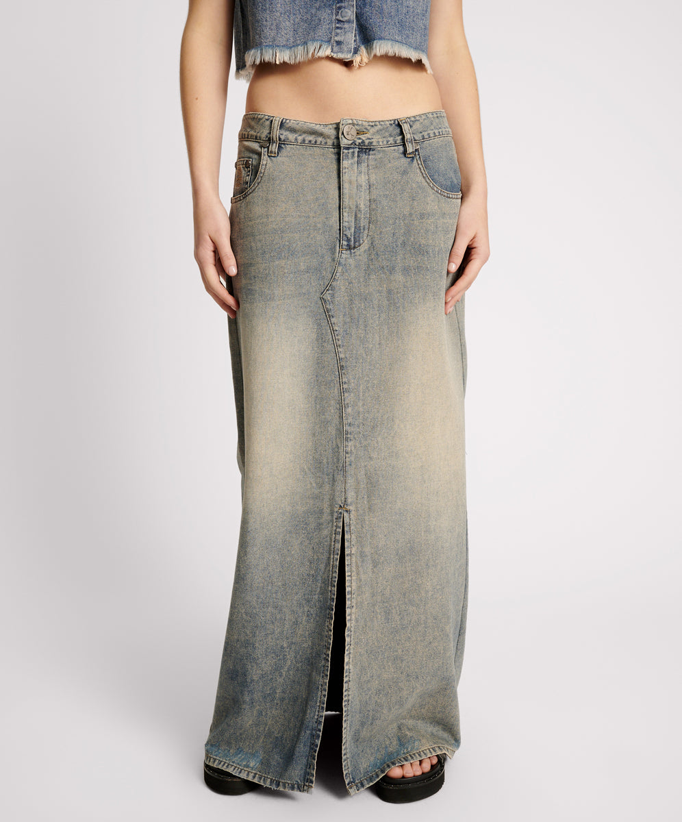 Last Stock Denim Low Waist Column Skirt - Dirty Blue