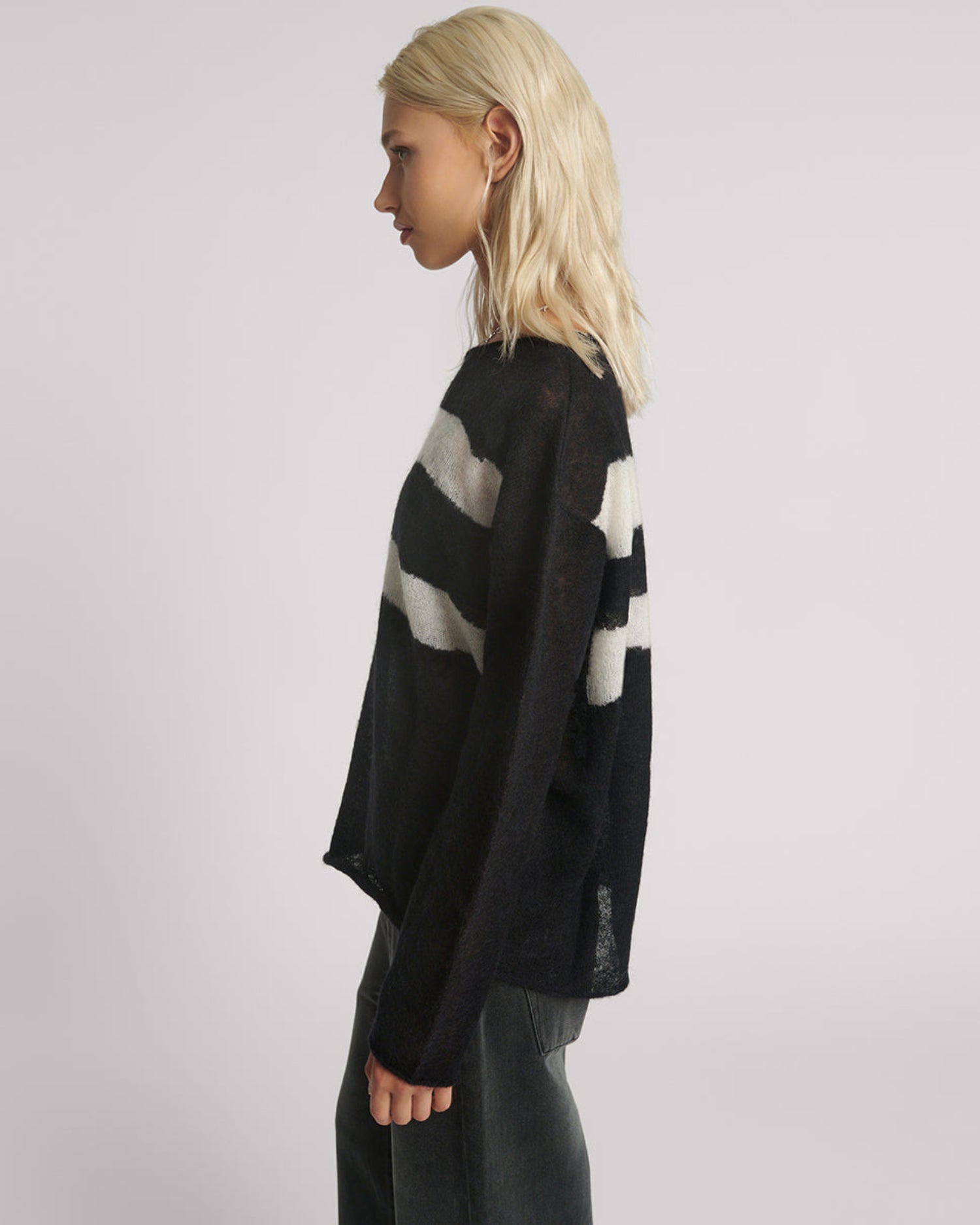 Last Stock Vivianne Wide Neck Stripe Mohair Sweater - Black White