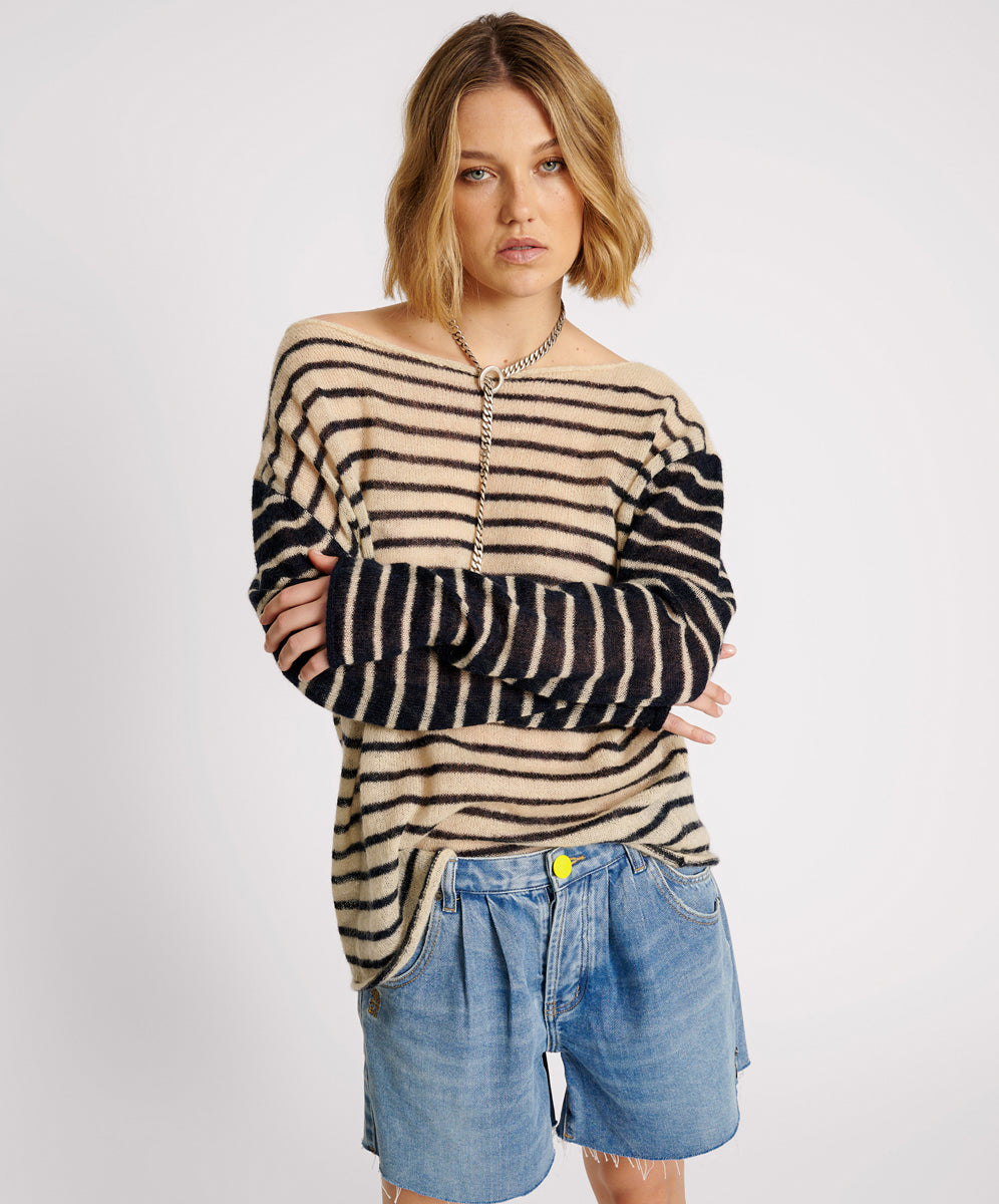 Women's Outerwear Wide Neck Striped Mohair Sweater - Ivory/Navy