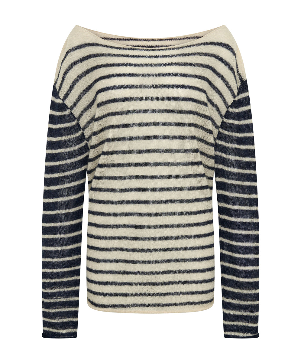 Women's Outerwear Wide Neck Striped Mohair Sweater - Ivory/Navy