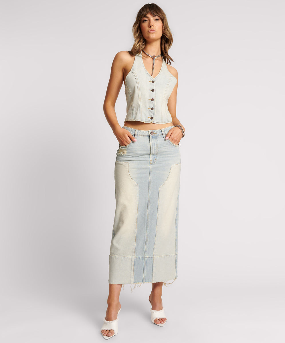 Last Stock Cassidy Mid Waist Long Denim Column Denim Skirt - Old West