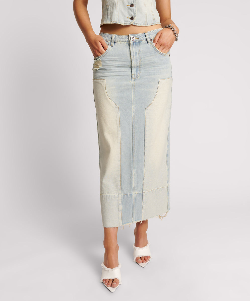 Last Stock Cassidy Mid Waist Long Denim Column Denim Skirt - Old West