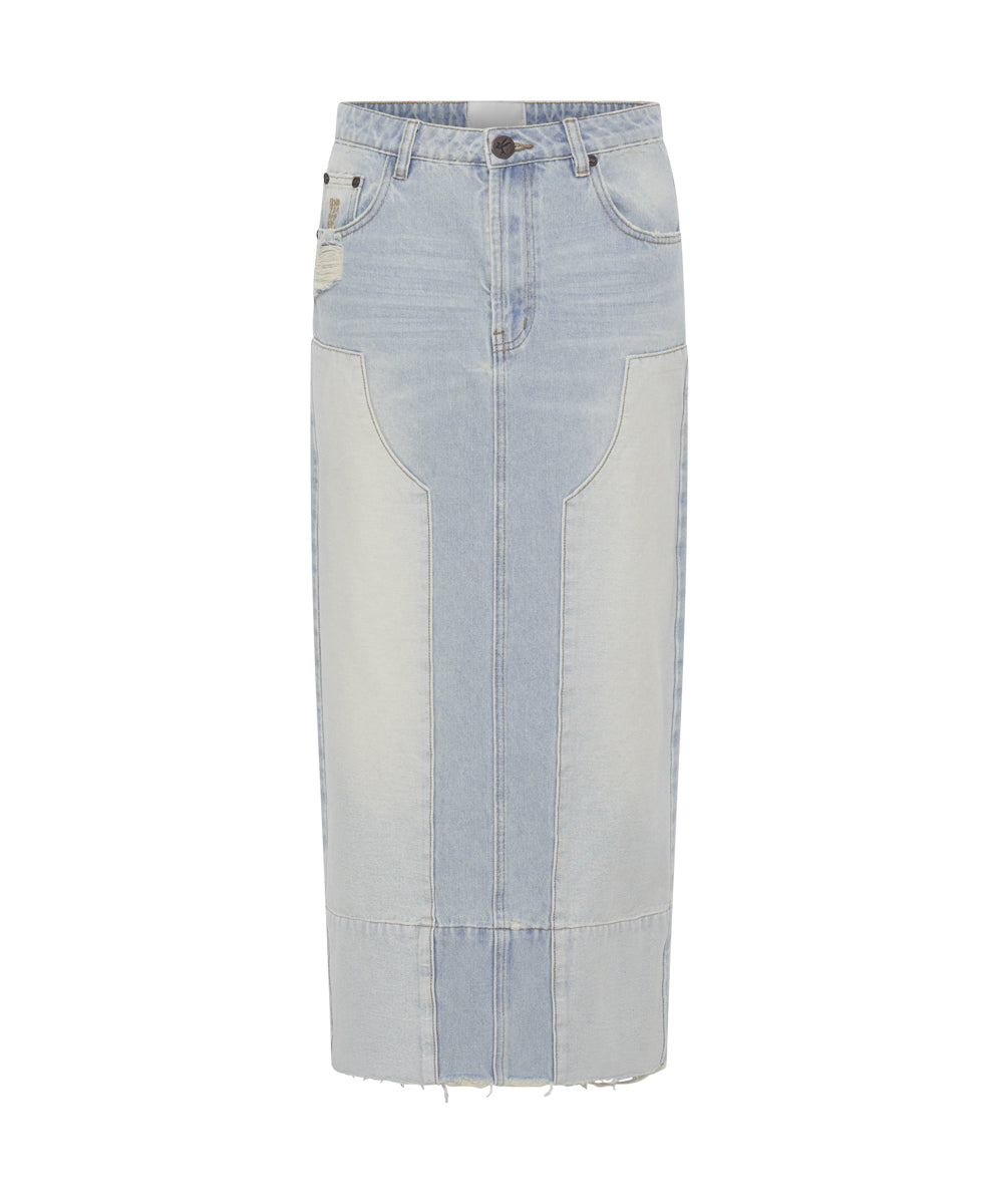 Last Stock Cassidy Mid Waist Long Denim Column Denim Skirt - Old West