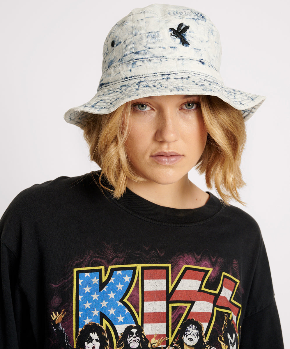 Women's Grunge Clothing Denim Bucket Hat - Acid Check Print