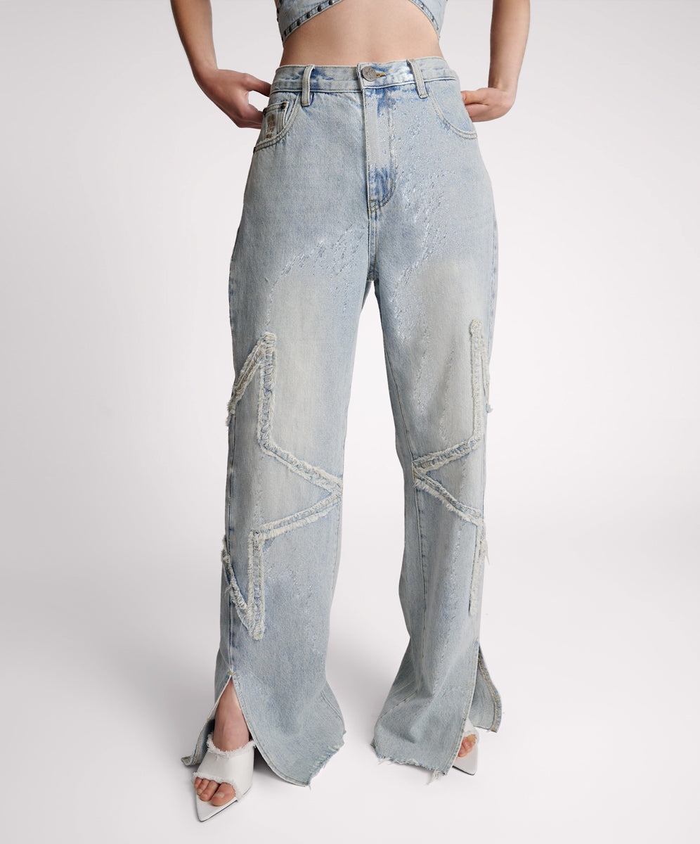 Dirty Blue Denim Billie Low Slung Straight Leg Mid Waist Denim Jeans - Diamonde