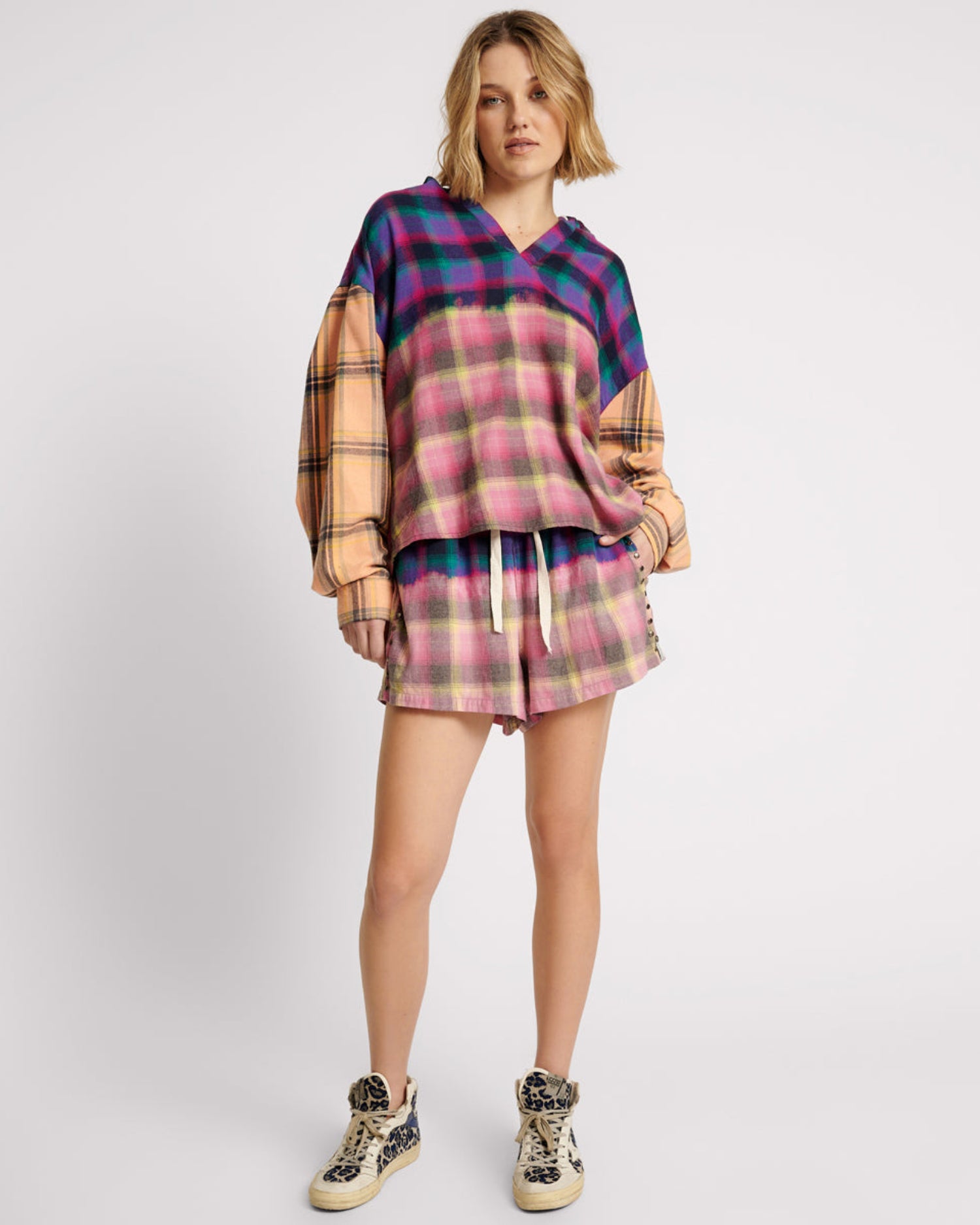 Women's Grunge Clothing Bleached Flannel Studded Boxer Shorts - Multi