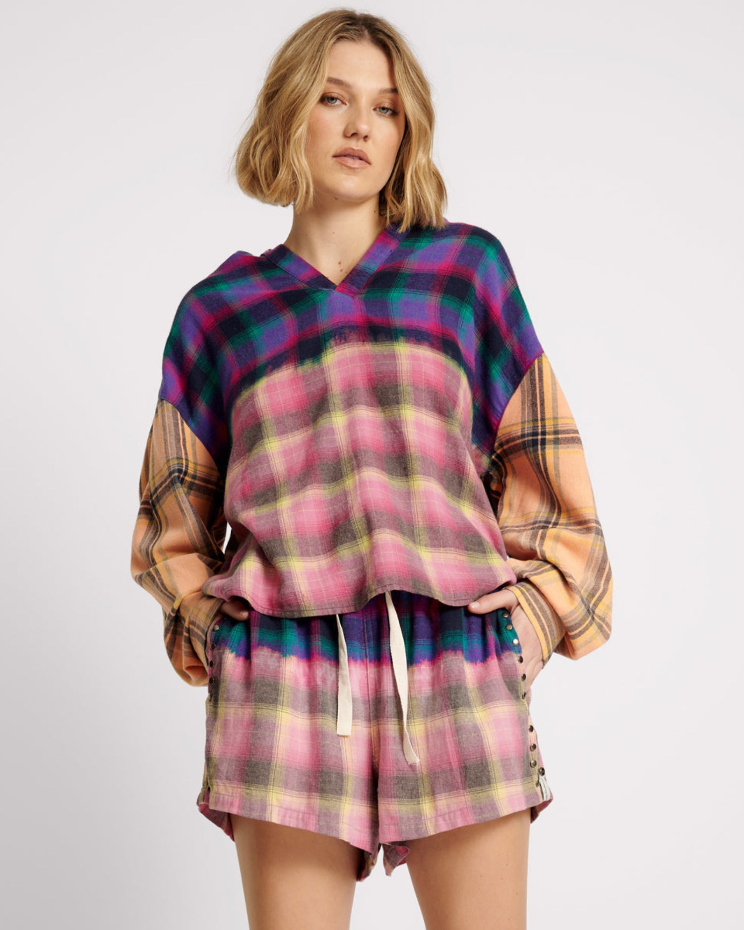 Women's Grunge Clothing Bleached Flannel Studded Boxer Shorts - Multi