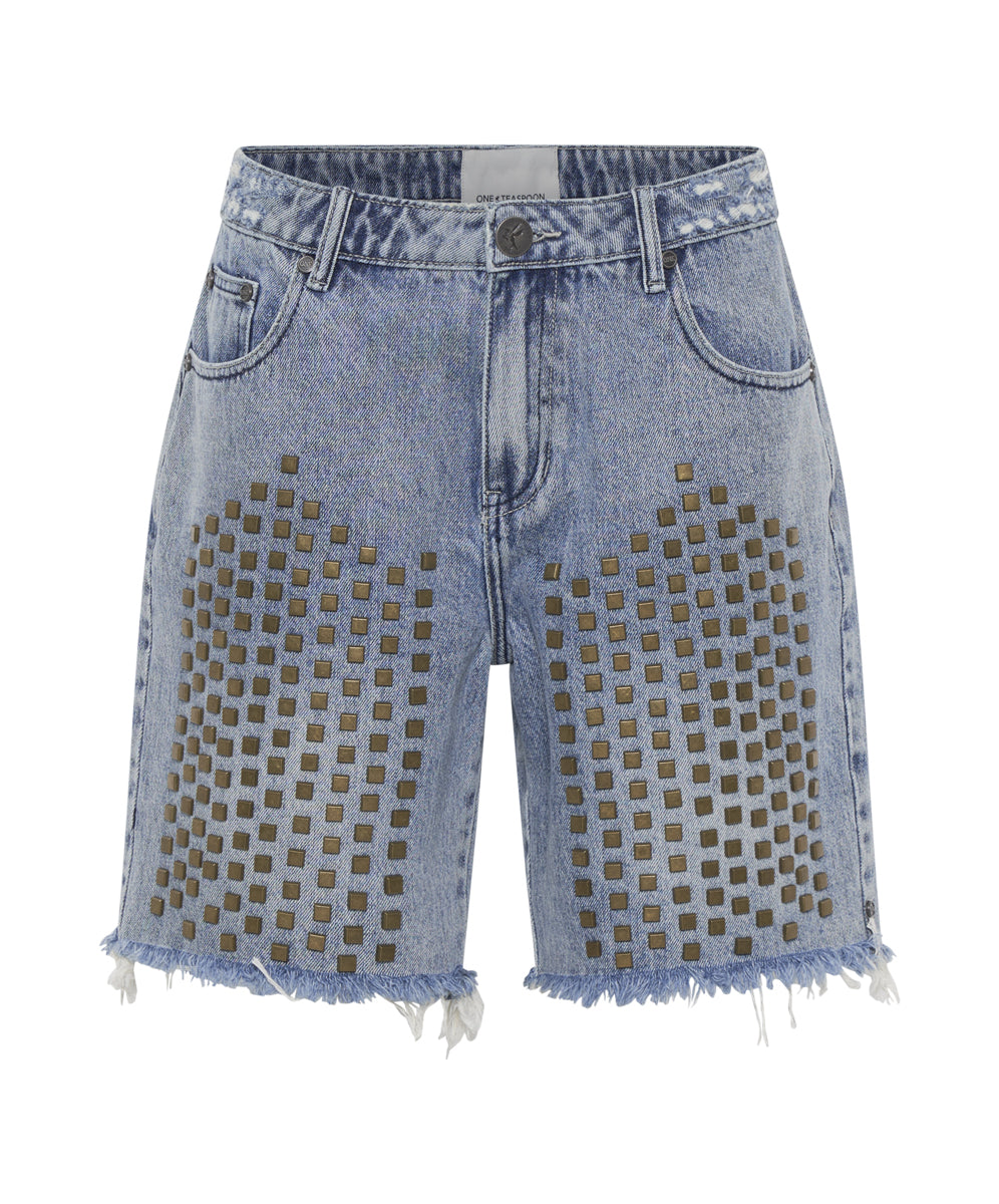 Dirty Blue Denim Jacksons Mid Waist Wide Leg Studded Denim Shorts - Salty Dog