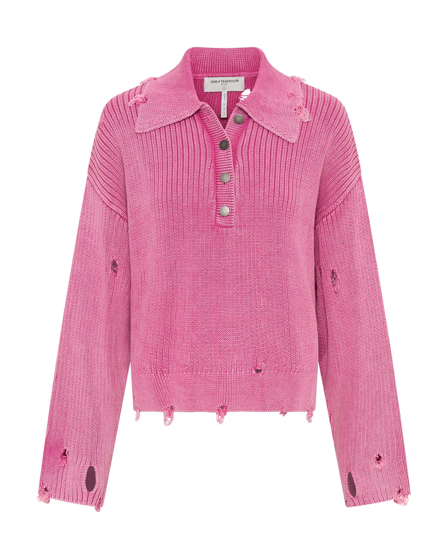 Last Stock Rib College Pullover Sweater - Pink