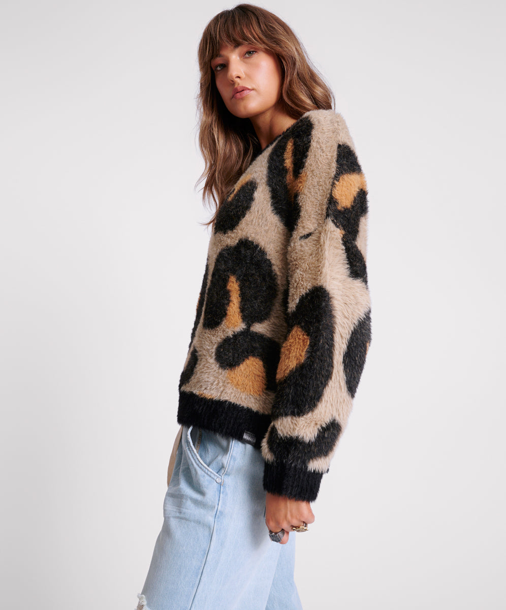 Women's Outerwear Fluffy Leopard Batwing Sweater - Tan