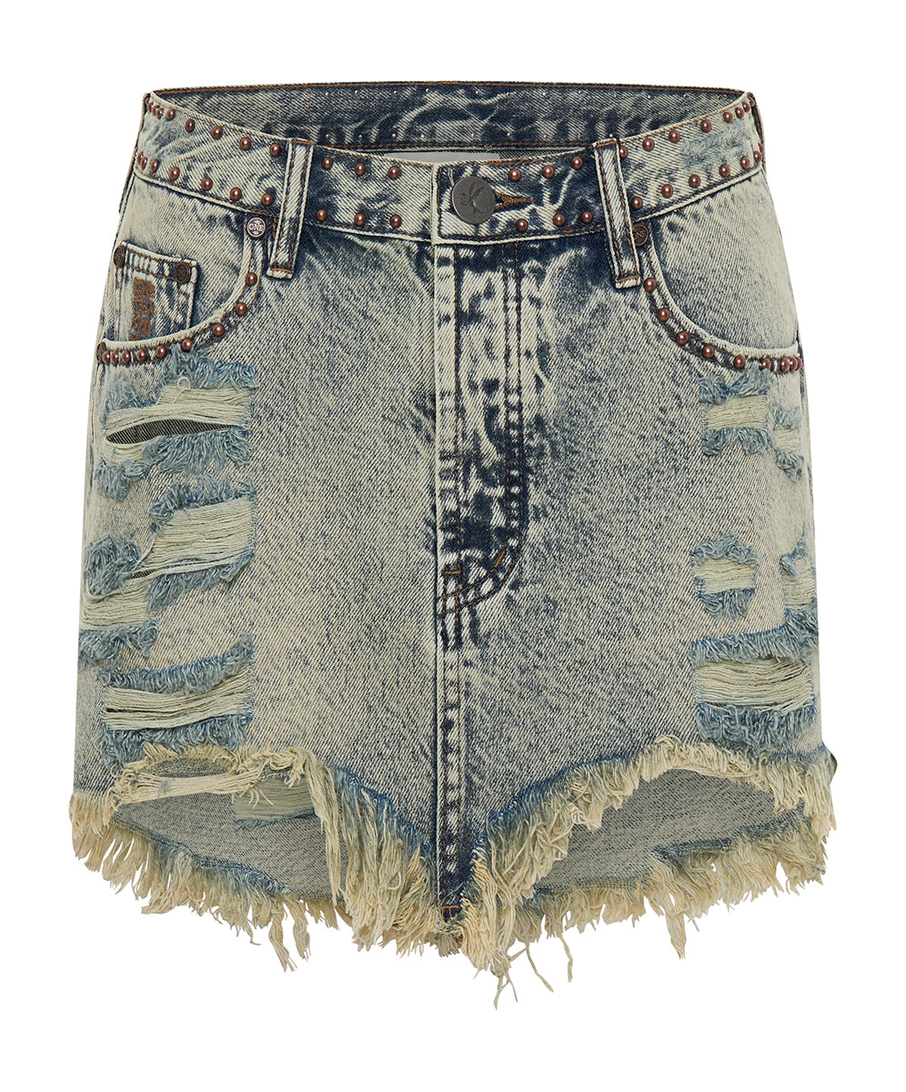 Dirty Blue Denim Junkyard Mini Denim Skirt - Blue Dust