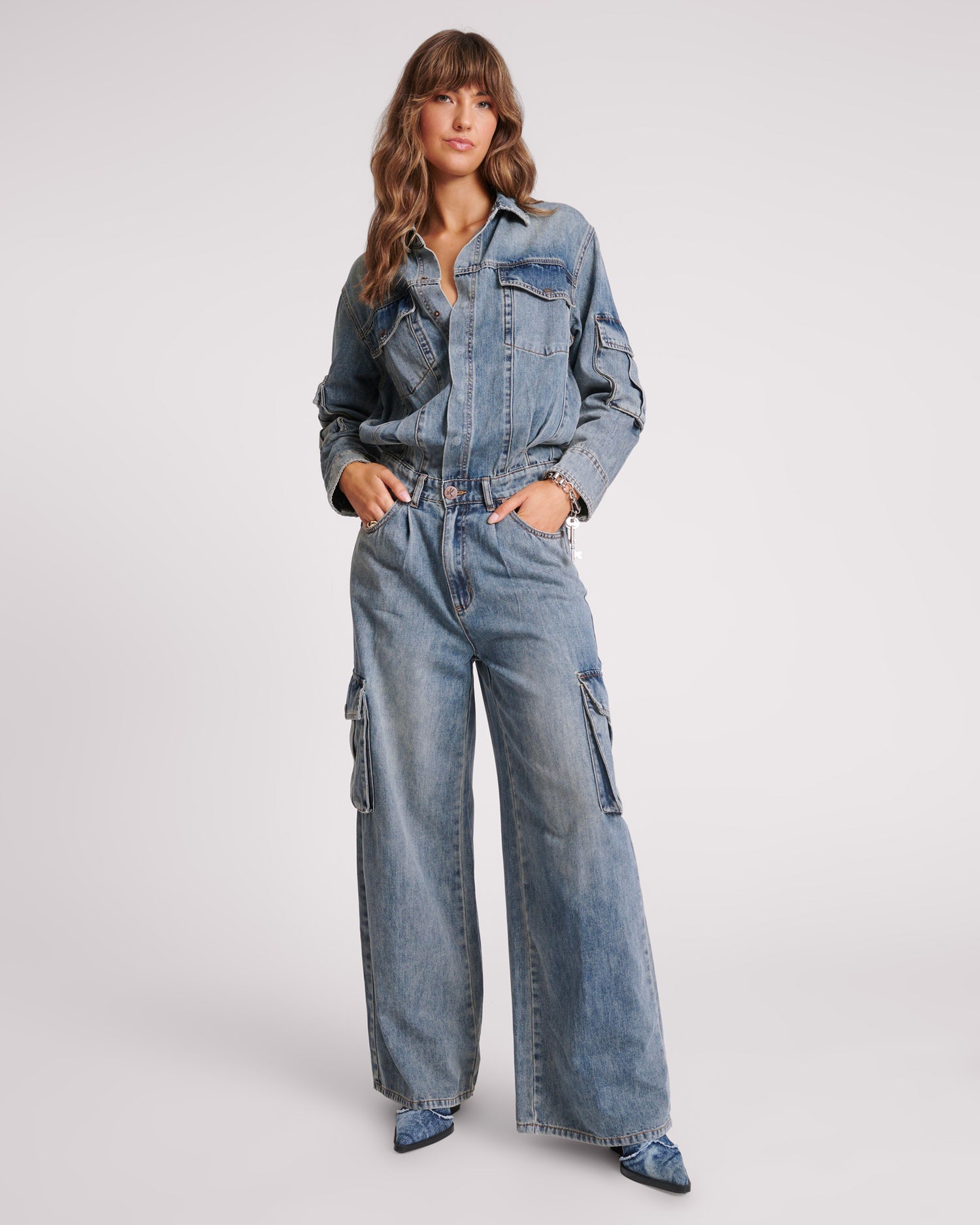 30% Off Select Jumpsuits Cargo Trucker Denim Overalls - Blue Blossom