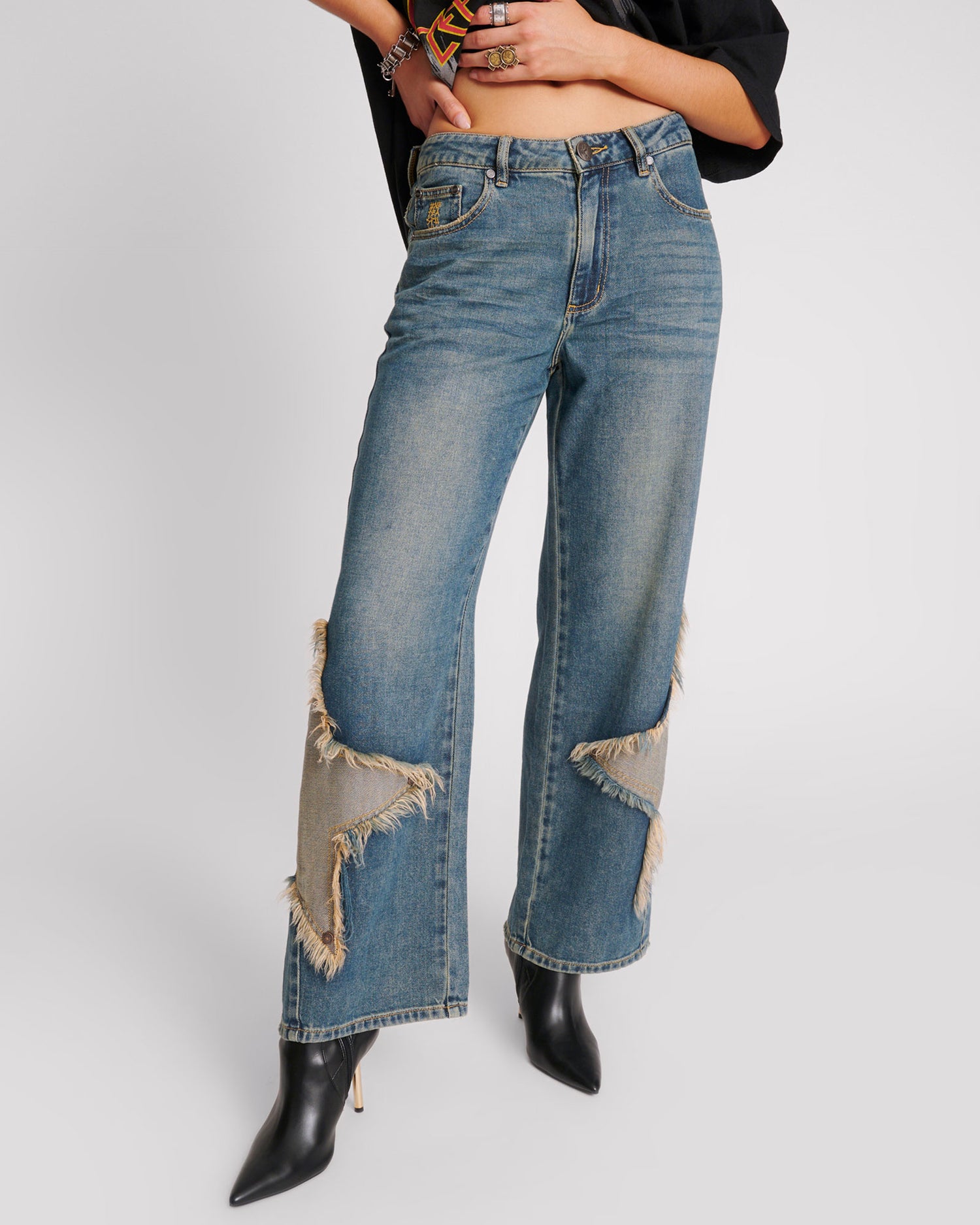 Dirty Blue Denim Jackson Mid Waist Wide Leg Denim Jeans - Memphis Star