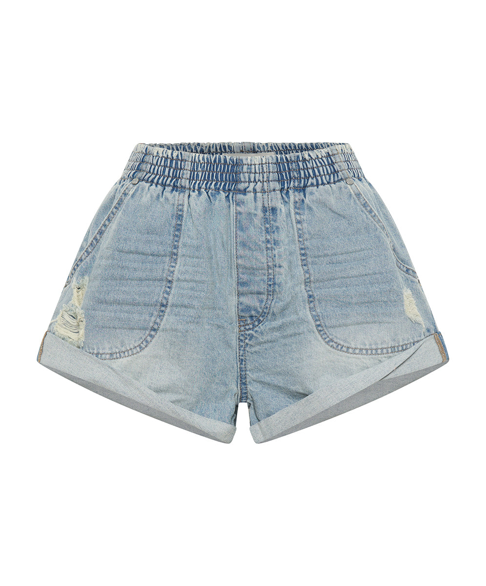 Dirty Blue Denim Hunters Mid Waist Boyfriend Elasticated Denim Shorts - Sportster Blue