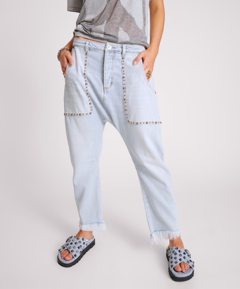 Women's Boyfriend Jeans HUSTLER STUDDED SINNERS DROP CROTCH BOYFRIEND JEANS