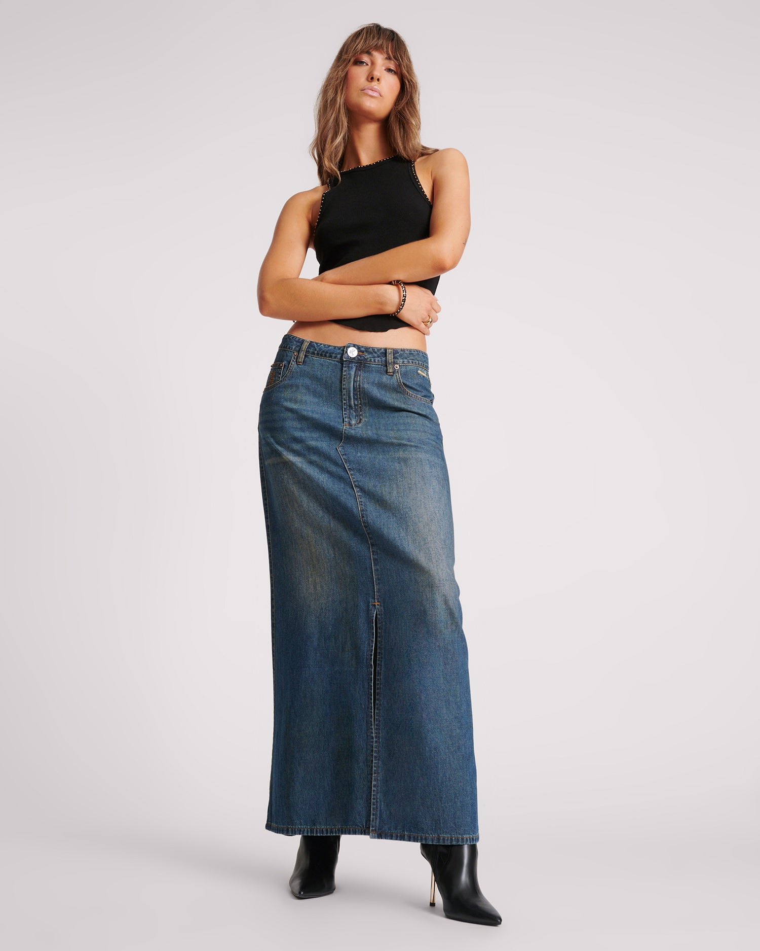 Last Stock Denim Low Waist Column Skirt - Used Blue