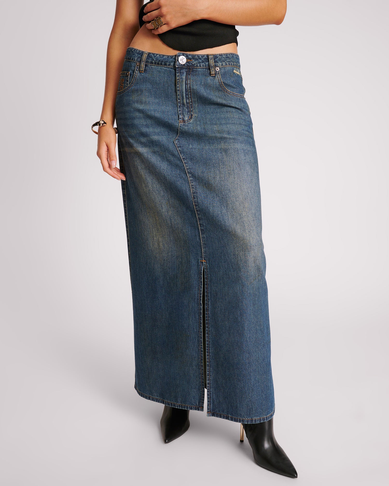 Last Stock Denim Low Waist Column Skirt - Used Blue