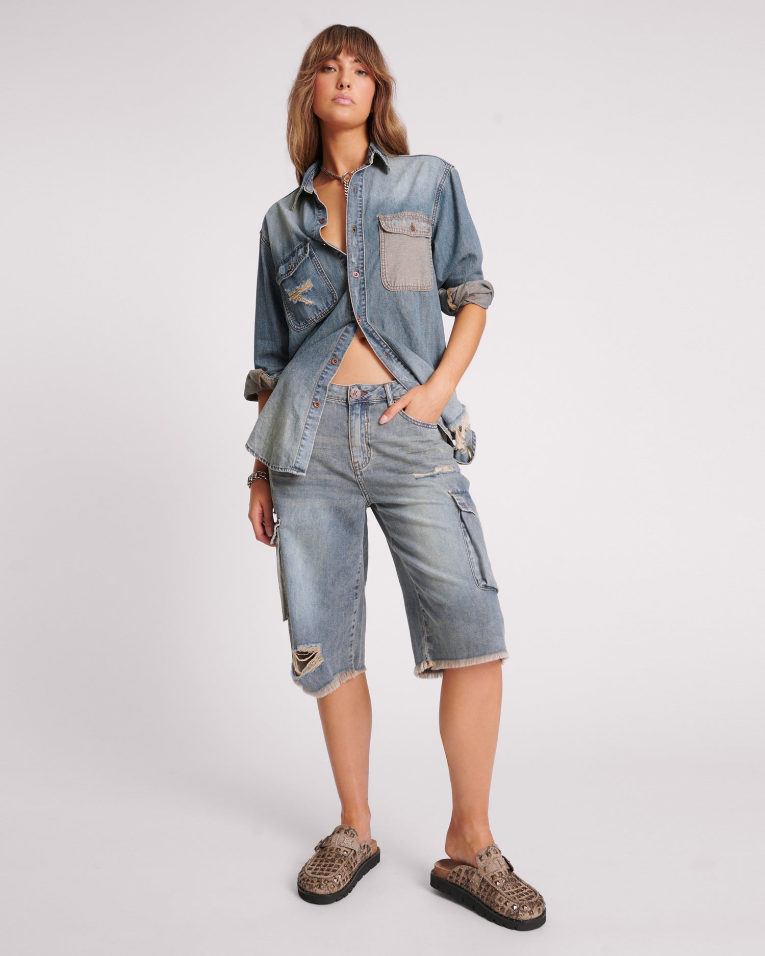 Last Stock Skater Girl Low Waist Super Long Leg Shorts - Dirty Blue