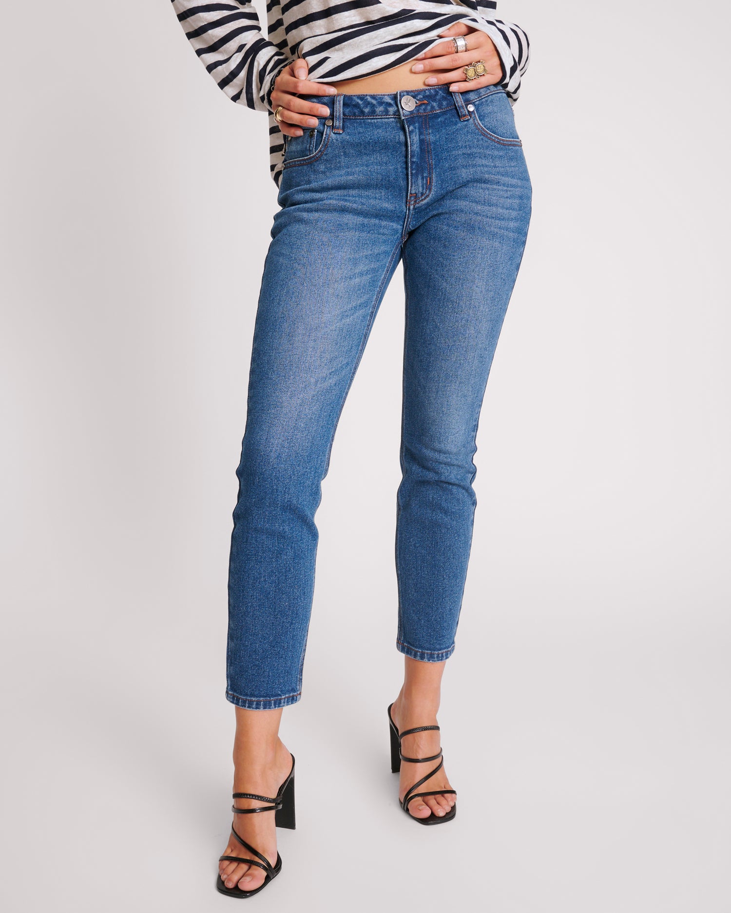 Last Stock Stixx Low Waist Slim Straight Leg Denim Jeans - Washed Blue