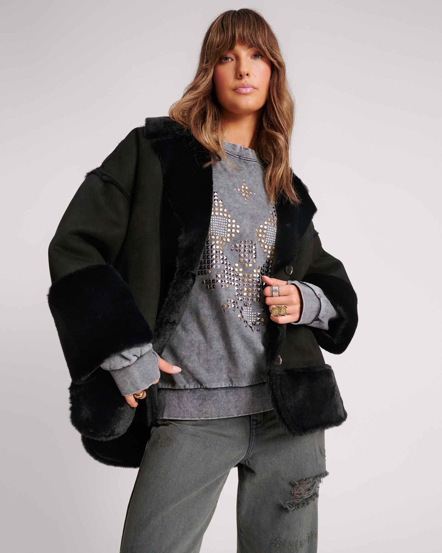 Women's Outerwear Faux Shearling Aviator Coat - Black