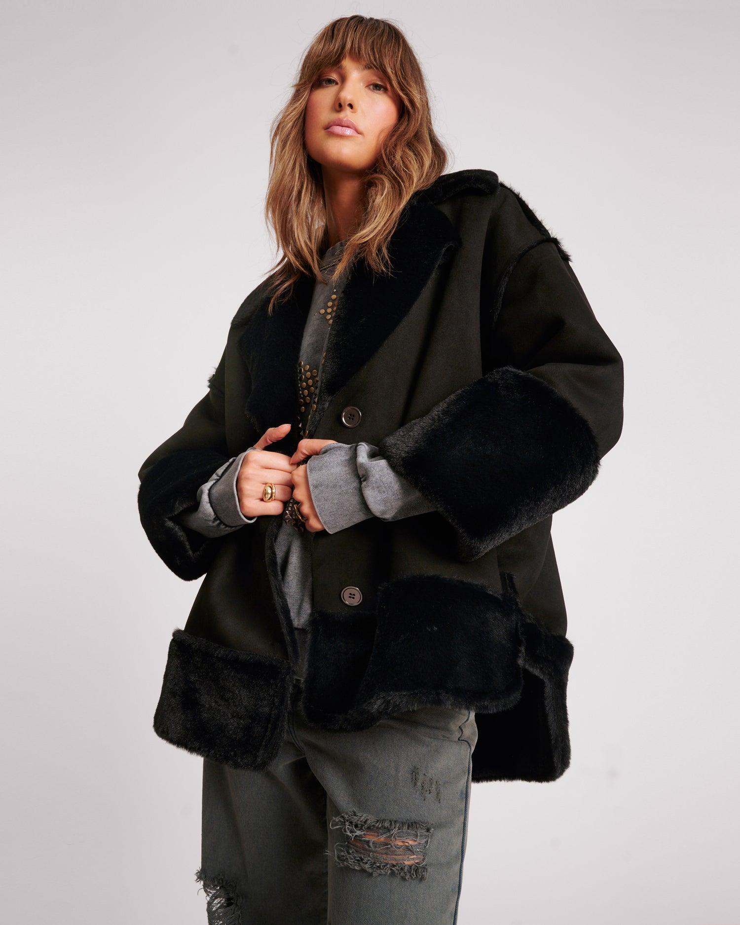 Women's Outerwear Faux Shearling Aviator Coat - Black