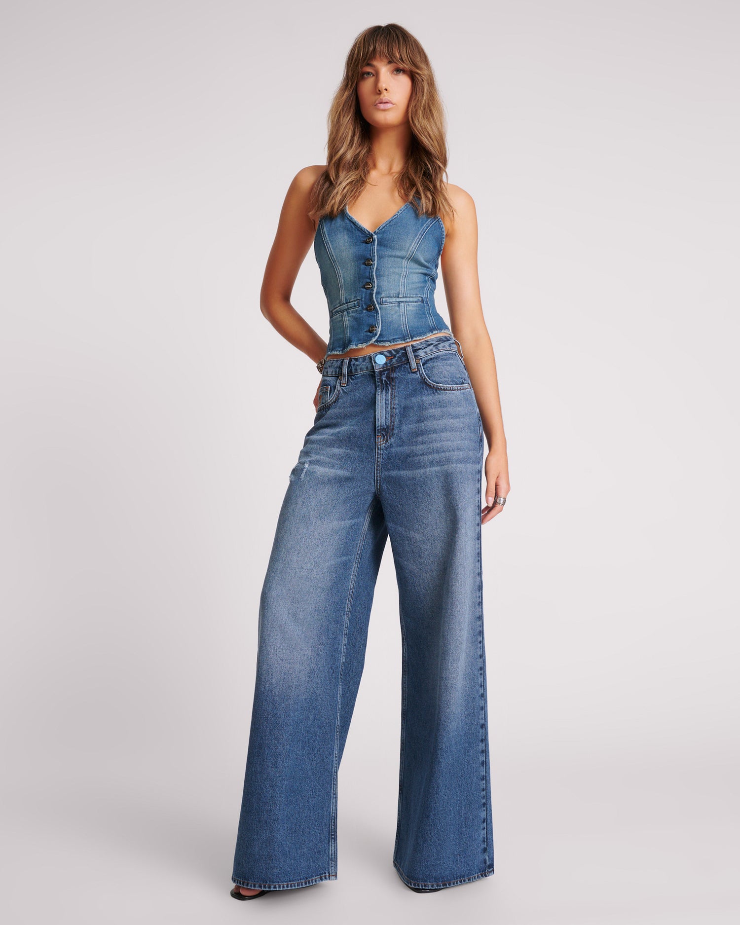 Dirty Blue Denim Love Machines Mid Waist Super Wide Leg Denim Jeans - Blue Thunder