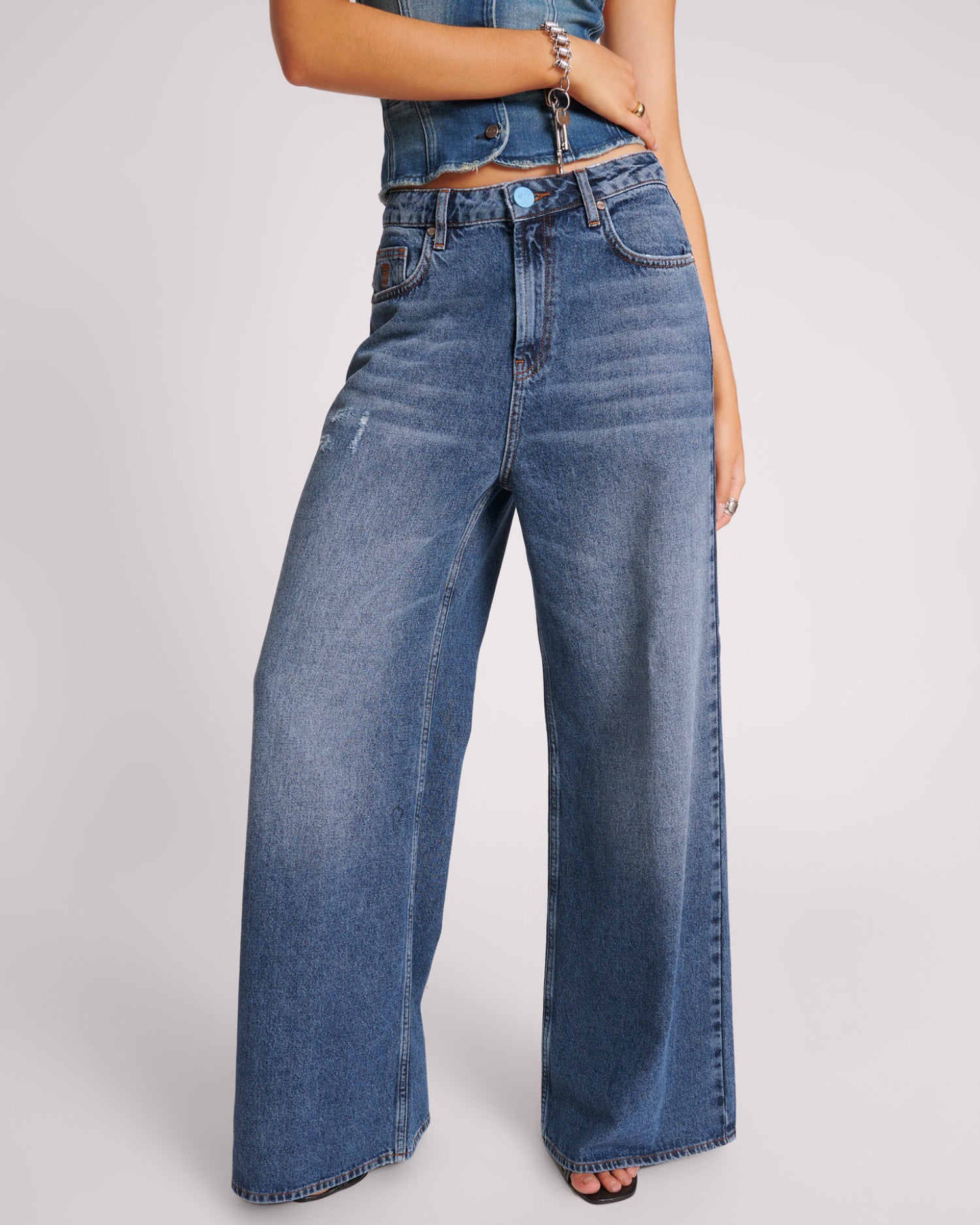 Dirty Blue Denim Love Machines Mid Waist Super Wide Leg Denim Jeans - Blue Thunder