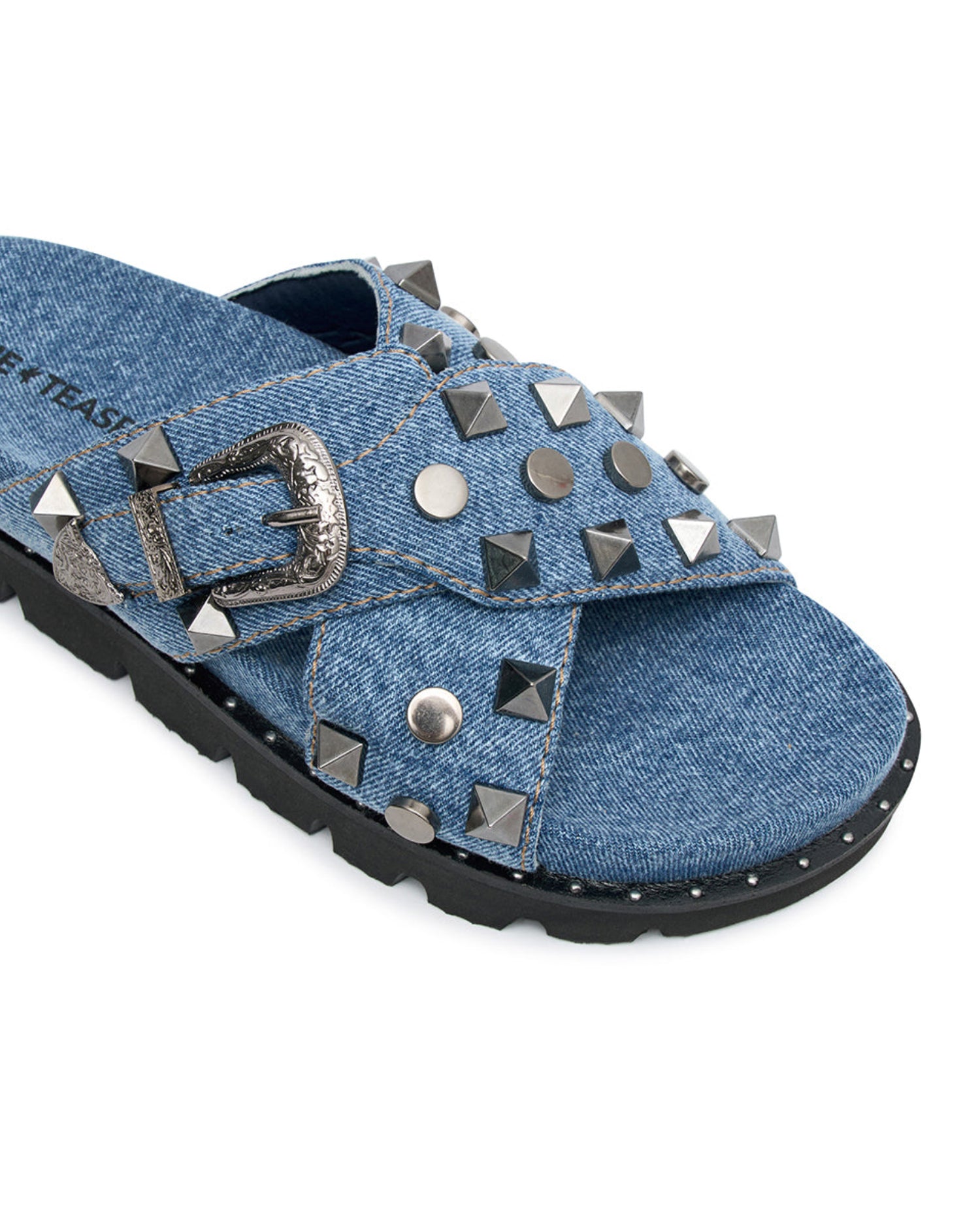 Dirty Blue Denim Studded Denim Iggy Slides - Blue